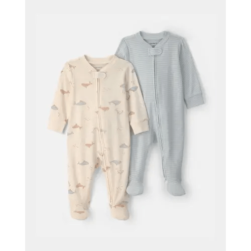 Baby 2-Pack Whale Striped 100% Cotton 2-Way Zip Sleep & Play Pajamas - Blue/Ivory