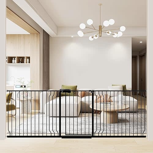 WAOWAO Extra Wide Baby Gate Walk Thru Pressure Mount Auto Close Black Metal Child Dog Pet Safety Stairs,Doorways,Kitchen 85.83-95.28"
