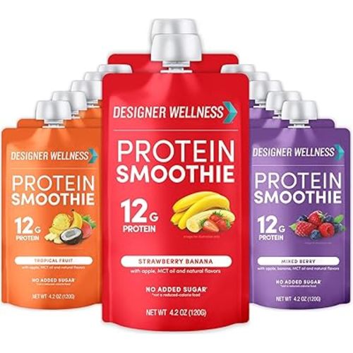 Designer Wellness Protein Smoothie, Real Fruit, 12g Protein, Low Carb, Zero Added Sugar, Gluten-Free, Non-GMO, No Artificial Colors or Flavors, Variety Pack, 12 Count