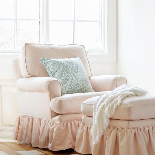 Pink Linen Chair Slipcover with Pleated Skirt, Custom Sizes Shapes, Cushion Covers, Ottoman Covers