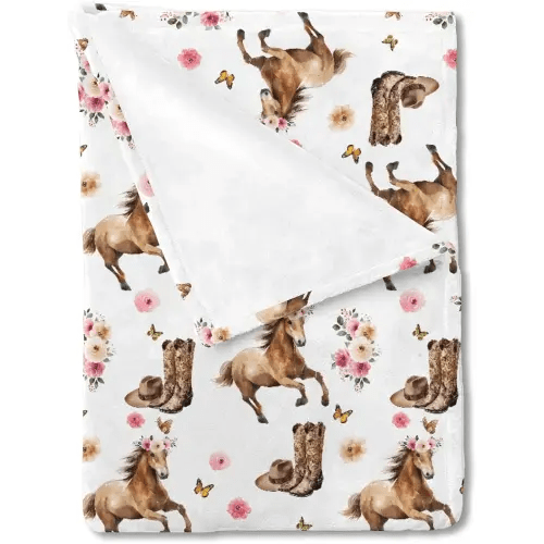 HawSkgFub Horse Rose Floral Baby Blankets Girls Shower Gift, Western Cowgirl Hat Boots Pink Flower Fleece Nursery Bed Receiving Swaddle, Wild West Soft Newborn Infant Toddler Kids Crib Bedding 30 x 40