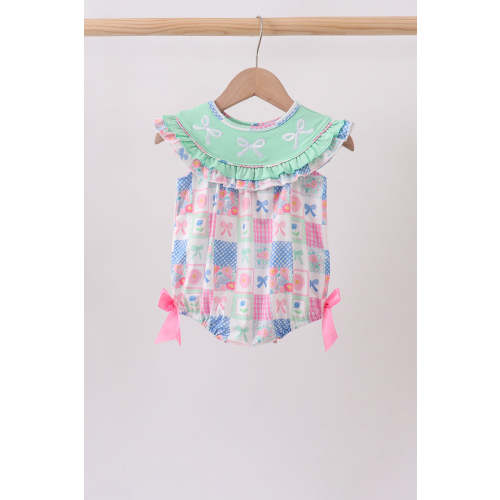 Green Bow Embroidered Checkered Bubble