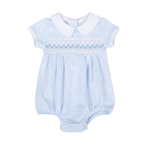 Lilly and Logan Smocked Short Sleeve Bubble - Blue | 9m