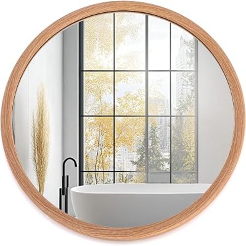 LVMU Round Oak Woodgrain Frame Wall Mirror 20 Inch Rustic Farmhouse