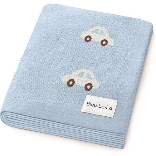 Bleu La La Baby Blanket for Boys 100% Cotton Buttery Soft Cozy Receiving Swaddle Stroller Blanket for Shower Gift Registry for Newborns, Infants, Toddlers (Cars - Baby Blue)