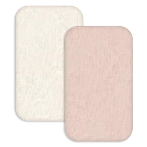 Muslin Bassinet Sheets 2 Pack, Soft Fitted Bedside Sleeper Sheet 33x20 Inch | Ultra Soft Breathable Muslin Cotton, Snug Fits Bassinet Mattresses Set, Newborn Bedding Essential, Gentle Colors