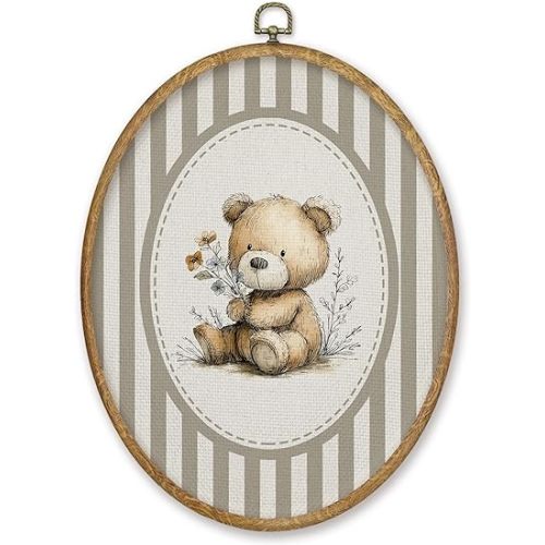 CGBHW Vintage Bear Nursery Oval Wall Art Decor Products, Kids Room Canvas Prints Framed, Neutral Striped Wildflower Bear Wild Animals Wall Art Hanging Decor for Home Kids Boy Room Bedroom Playroom, 8.6x11.4 Inch