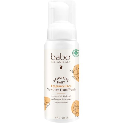 BABO Botanicals Sensitive Baby Fragrance-Free Newborn Foam Wash - Gentle Formula - Oat, Shea & Cocoa Butter - EWG Verified - Vegan - from Birth on