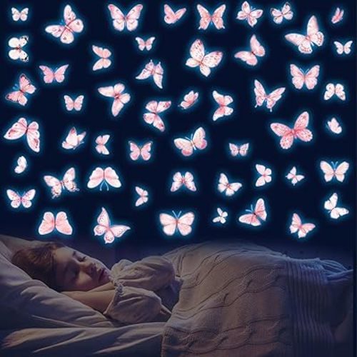 Glow in The Dark Pink Butterfly Wall Decals，Glowing Luminous Watercolor Butterfly Wall Stickers Removable self-Adhesive Butterfly Decals for Girls Bedroom Kids Baby Nursery Living Room Decor