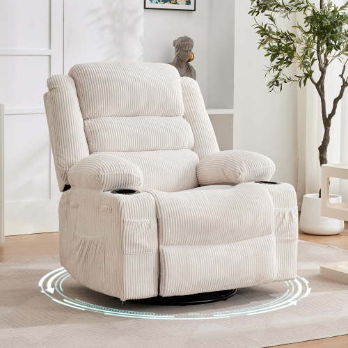 Rocking Recliner Chair for Adults, Oversized 360° Swivel Rocker Recliner with Cup Holder, Nursery Glider with Upholstered Deep Seat Corduroy Comfy Single Sofa for Living Room