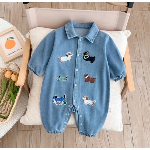 Baby Dog Patches Blue Denim Lapel Romper