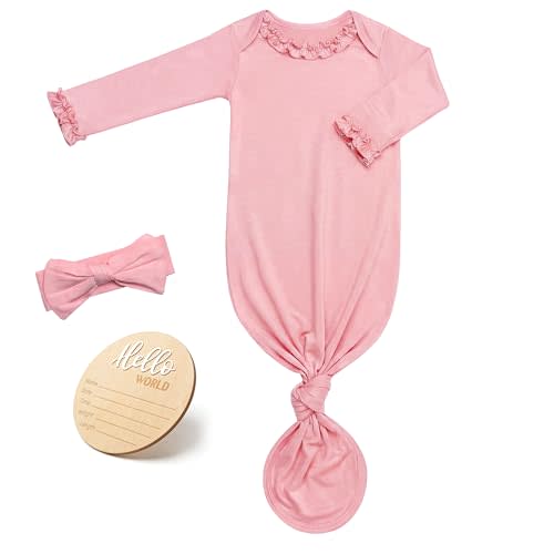 Newborn Knotted Gown for Baby Girls with Ruffle Neck & Sleeves, Newborn Sleepers Outfit with Bow Headband & Announcement Sign
