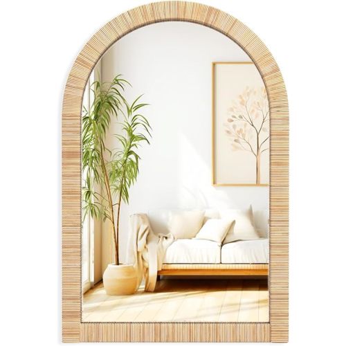 24"x36" Decorative Wall Mirror with Natural Rattan Frame, Arched Boho Bathroom Mirror Makeup Mirror Irragular Wall Mirrors for Bedroom, Living Room & Vanity Versatile Farmhouse Mirror