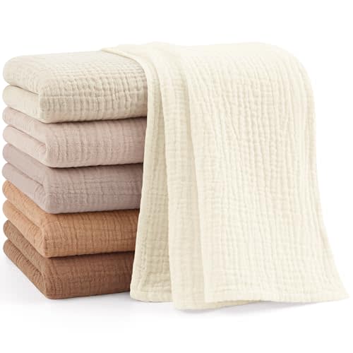 Bearmoss 6 Pack Muslin Burp Cloths for Baby, 100% Cotton Soft Large Burping Cloths for Unisex, Boy, Girl, 23.6" X 23.6" Newborn Essentials Absorbent Milk Spit Up Rags (Brown)