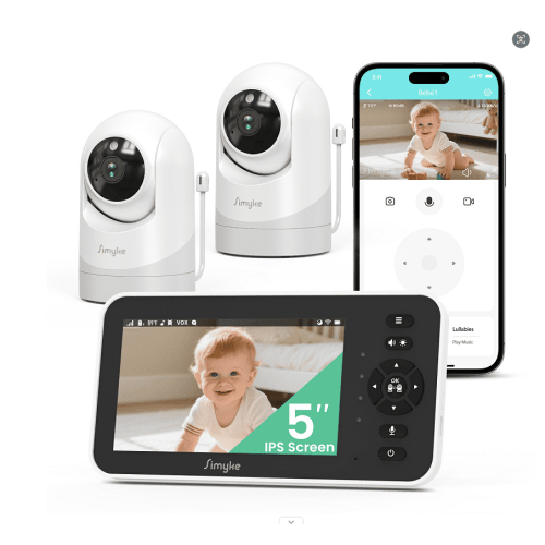 Simyke Video Baby Monitor with Camera and Audio,5'' IPS Screen,720P HD,App,Remote Pan/Tilt/Zoom Camera,Lullabies,Feeding Remind,HD Night Vision, VOX,2-Way Talk,Triple Security,1500ft Long Range