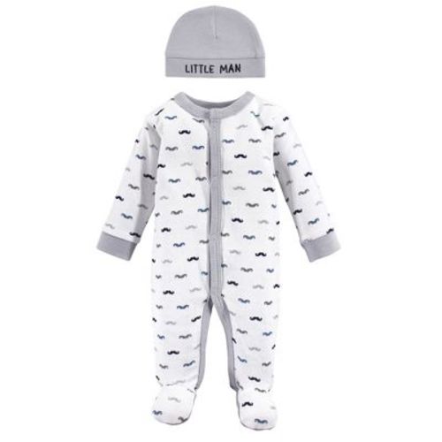Luvable Friends Baby Boys Cotton Preemie Snap Sleep and Play and Cap 2pc Set, Mustache, Preemie