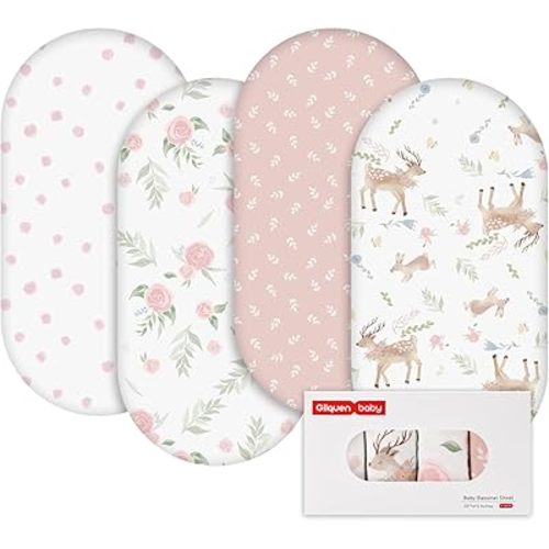 Gllquen Baby Bassinet Sheets 4 Pack, Breathable Cozy Fitted Mattress Sheet, Elastic Travel Crib Fashionable Floral Pattern, Standard Cradle Safe Sheets for Baby Boys Girls 32"x16"(Deer & Rose)