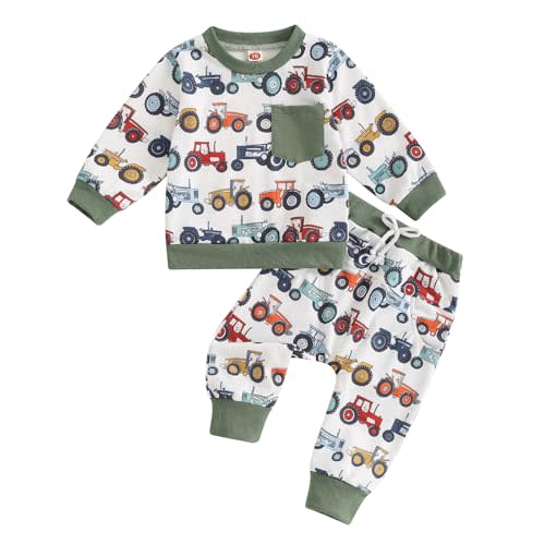 2Pcs Baby Boy Farm Outfits Long Sleeve Tractor Print Pocket Sweatshirt Pants Set Toddler Boy Tracksuit Clothes Set
