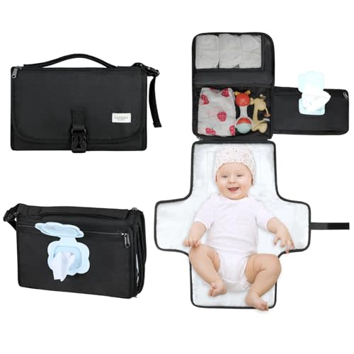 LANDICI Portable Diaper Changing Pad for Newborn Girl & Boy, Travel Waterproof Baby Changing Pad with Smart Wipes Pocket, Detachable Diaper Changing Mat, Gifts for Baby Newborn Essentials, Black