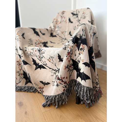 Neutral Halloween Blanket Bat Boho Halloween Decor Bat Woven Blanket Floral Halloween Throw Blanket Fall Home Decor