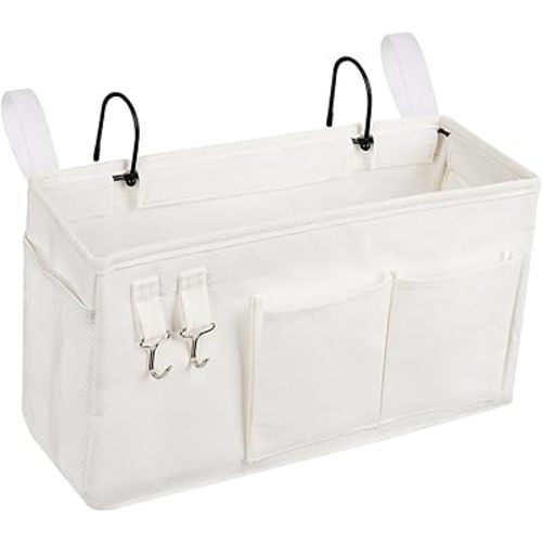 Loghot Bedside Caddy/Bedside Storage Bag Hanging Organizer for Bunk and Hospital Beds,Dorm Rooms Bed Rails,Can be Placed Glasses,Books,Mobile Phones,Keys (White)