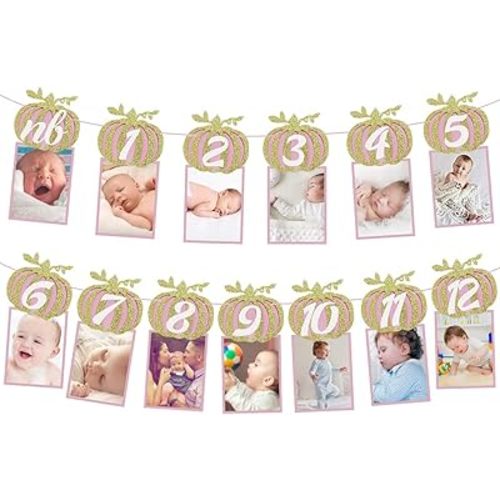 Pumpkin 1st Birthday Photo Banner, Glitter Pumpkin Bnaner Newborn to 12 Month Photo Display for Pumpkin Baby Shower Fall First Birthday Party Decor