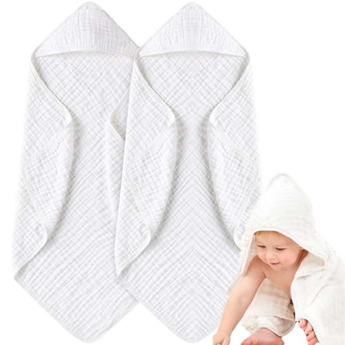 Baby Hooded Towels 2 Pack - 100% Soft Muslin Cotton for Newborns, Infants & Toddlers | 32x32'' Highly Absorbent Bath Towel for Baby Boy & Girl,Baby Shower Gift Essential