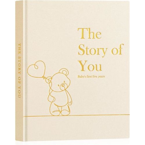 Lanpn Baby Memory Book for Boy Girl - The Story of You, Newborn Babys Keepsake Book Photo Album for New Parents, Linen Cover Baby First 5 Year Milestone Journal Scrapbook (Beige, 154 Pages)