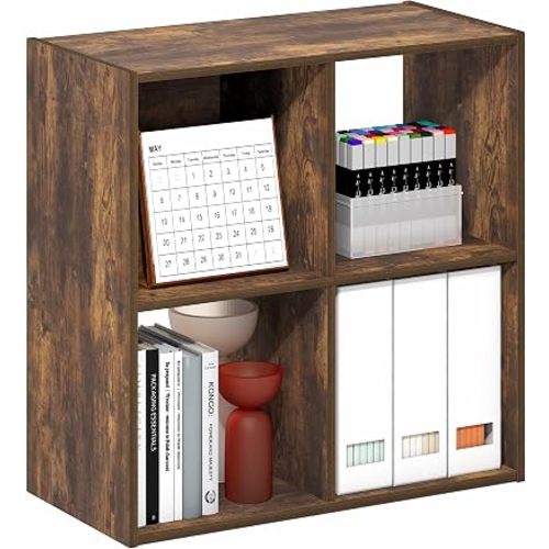 Furinno PELLI Book Shelf, 4-Cube Bookshelf with Open & Closed Back Cubes, 2 x 2 Storage Organizer Cabinet, 11.6 x 24.2 x 24.2, for Living Room, Bedroom, Home Office, Amber Pine
