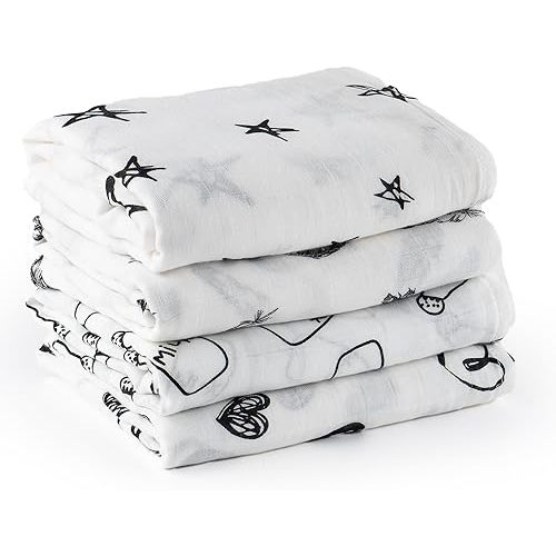 Bunnikins & Clover Muslin Swaddle Blankets for Boys and Girls, Baby Receiving Blankets Unisex, Newborn Essentials for Registry & Gift, 47x47 inches, Set of 4 (Black White)