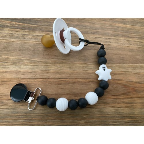 Ghost Pacifier Clip: Black & White Silicone Beads, Halloween Baby Gift
