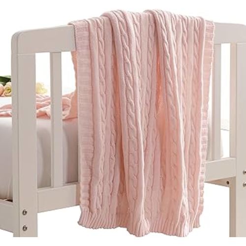 NTBAY 100% Pure Cotton Cable Knit Toddler Blanket, Super Soft Warm Breathable 30x40 Baby Blanket for Crib, Stroller, Nursery, Travel, Newborn, 30x40 Inches, Baby Pink