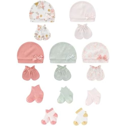 Baby Hats Mittens and Socks Set Soft Cotton Newborn Hat Glove for Boys Girls 0-6 Month