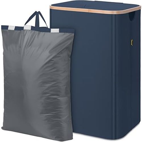 BALEINE Laundry Hamper with Lid, Tall Laundry Baskets with Bamboo Pull Handles, Large Laundry Bin with Internal Support (18 Gal/70L, Blue)