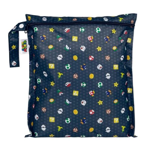 Bumkins Waterproof Wet Bag for Baby, Travel, Swim Suit, Cloth Diapers, Pump Parts, Pool, Beach, Gym Clothes, Toiletry, Hook to Stroller, Daycare, Zipper Reusable Wetdry Packing, Nintendo Super Mario