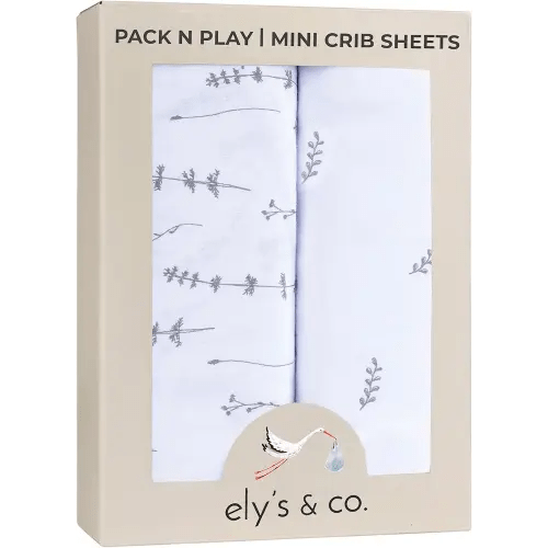 Ely’s & Co. Pack and Play Sheets, for Mini/Portable Crib, 2 Pack Fitted Playpen Play Yard Sheet Set Compatible with Graco Pack n Play, for Baby Boys/Girls, 100% Cotton, Forest Grey Floral, 38”x24”x5”