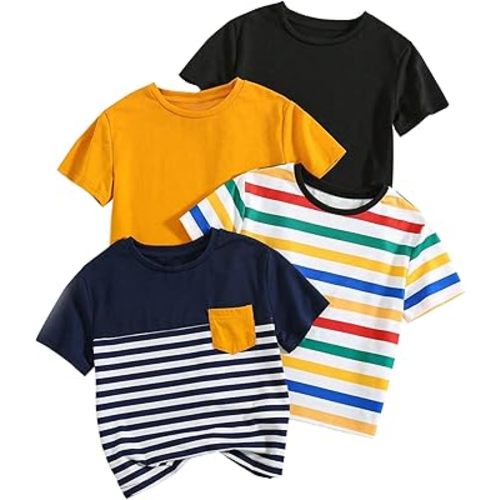 Baby Boys 4 Pack Solid and Striped T-Shirts Top Short Sleeve Crewneck Basic Tee Shirt for Toddler Boy 6M-3Y