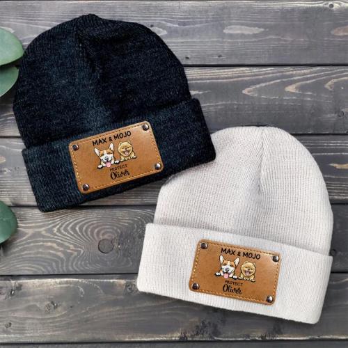 Baby Beanie Protected By Custom Dog Name, Personalized Baby Beanies with Name Kids for Baby Kids Adult, Leather Patch Beanie, Newborn Gift