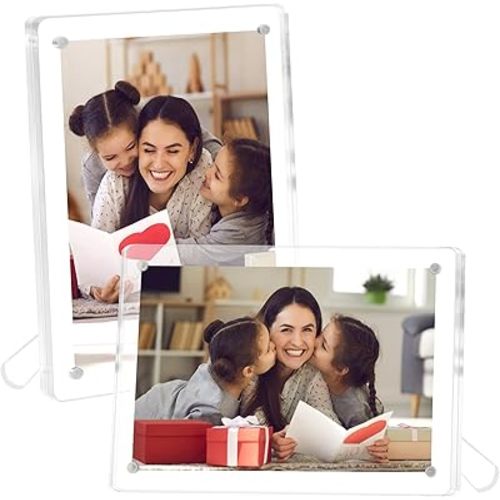FIXSMITH 4x6 Acrylic Picture Frames 2 Pack, Clear Picture Frame with Stand, Magnetic Acrylic Photo Frames for Tabletop Display Horizontally or Vertically, Acrylic Floating Frame for Home Office