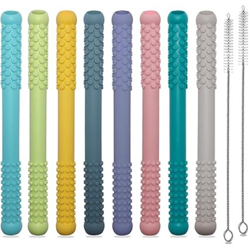 Teething Straws Sticks for Babies 6-12 12-18 Months, 8 Pack Teething Toys 3-6 Months, Silicone Teethers for Babies Toddlers Nursing Biting Chewing, Autism Chew Toys for Sensory Kids Teething Relief