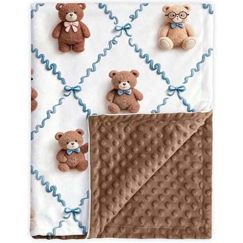 HOMRITAR 3D Bear Baby Blanket for Girls Soft Lightweight Minky with Double Layer Dotted Backing Cute Print Design for Infant Toddler Nursery Stroller Crib Shower Gifts 30 x 40 Inch