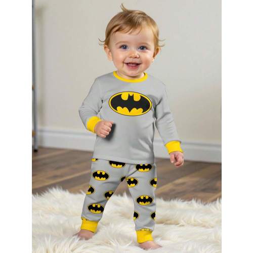 Baby Boy Cute Grey Lounge Pajamas Set,Classic Logo Pattern Color Clashing Long Sleeve Top&Pants,Snug Fit Autumn Loungewear For Fall,Winter,DC Fans | SHEIN USA