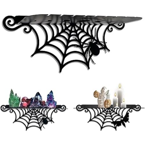 2 Pcs Gothic Metal Spiderweb Shelves - Goth Decor Shelf for Crystal Display, Black Witchy Style Spider & Luna Moth Floating Shelves - Halloween Wall Hanging Shelf - Spooky Home Decor for Room