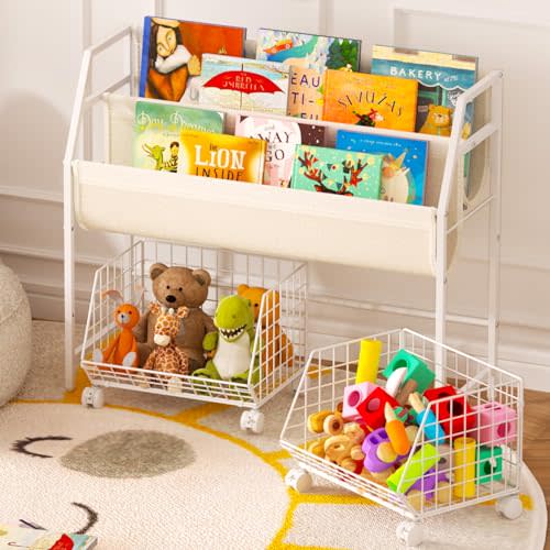 Kids Bookshelf and Toy Storage with 2 Lockable Rolling Baskets – Small Book Shelf for Kids Rooms, Montessori Children Toddler Bookshelf for Nursery, Playroom, Bedroom, Holds Up to 20 Books & Toys