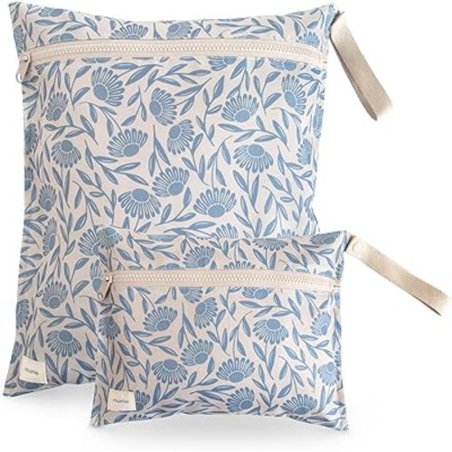 mushie Water Resistant Wet Bags | Large & Small Reusable Storage Bag for Baby Items and Travel | Zippered Pockets with Handle | Machine Washable, Set of 2 (Blue Flowers)