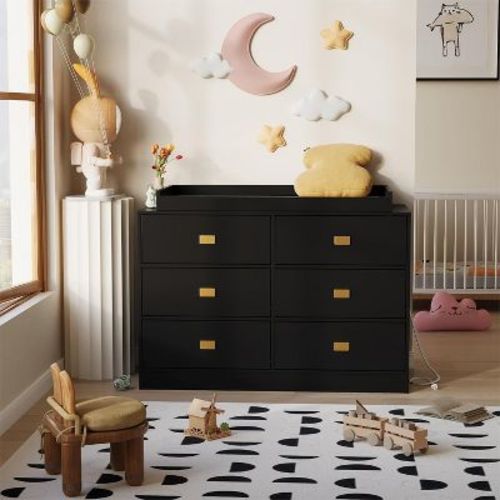 Acekool 6 Drawer Baby Changing Table Dresser, Removable Top Nursery Organizer with Changing Pad & Built-in Power Outlets