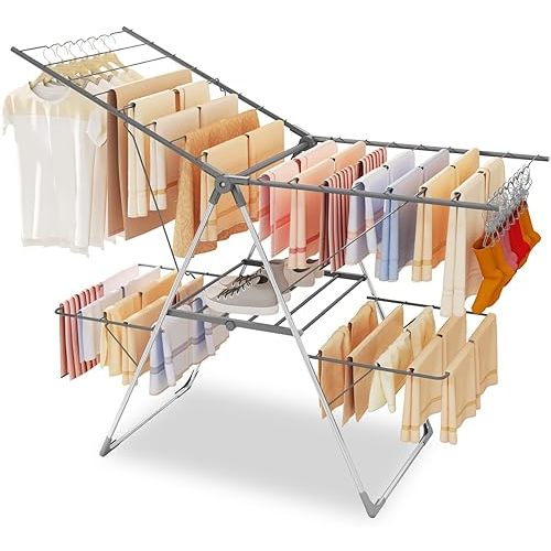 Bigzzia Clothes Drying Rack Foldable, 2-Level Large Laundry Drying Rack Collapsible, Stainless Steel Drying Rack Clothing for Indoor Outdoor, Easy to Fold, 33 Drying Rails, 56.1" L × 22.7" W, Gray