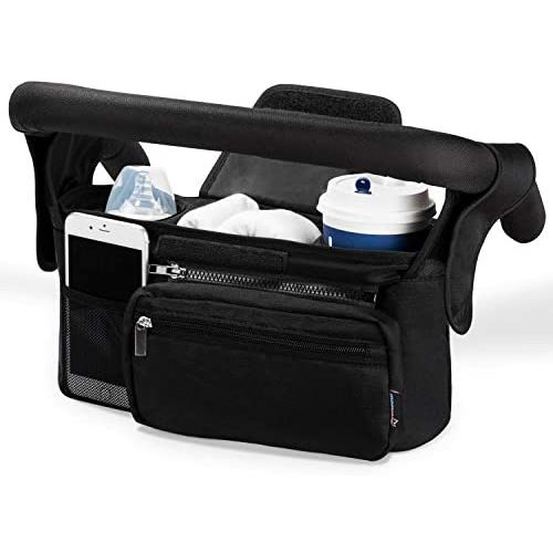 Momcozy Universal Baby Stroller Organizer, 2 Insulated Cup Holder, Detachable Zippered Pocket, Adjustable Shoulder Strap, Large Capacity for Baby Essentials, Compact Design Fits Most Strollers(Black)