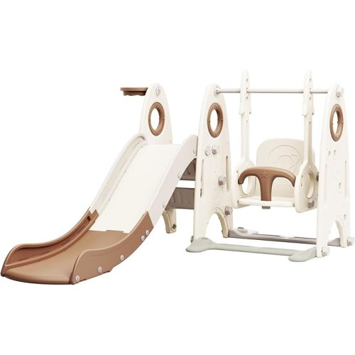 Merax 4-in-1 Kids Slide with Swing, Indoor Baby Slide Swing Set with Basketball Hoop and Climber, Outdoor Slide Playset for Toddlers Age - Coffee