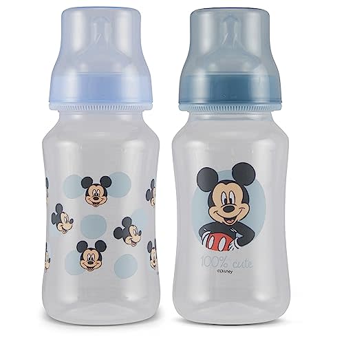 Disney Mickey Mouse Baby Bottles 11 oz for Boys or Girls | 2 Pack of Infant Hourglass Shaped Bottles with Cover for Newborns and All Babies | BPA-Free Plastic Baby Bottle for Baby Shower